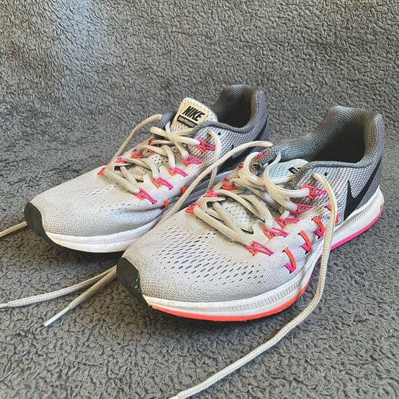 Nike Shoes - Nike Sneakers - Air Zoom Pegasus 33, Gray and Neon Pink/Orange